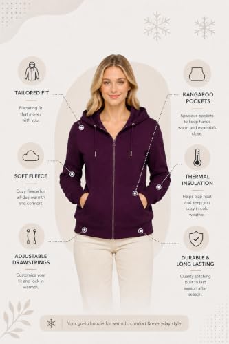 Image of HOODLIFE Women's Zip-Up Hoodie Sweatshirt - Soft Cotton Fleece Jacket with Hood, Full Zipper, Kangaroo Pocket, Casual Winter Hoodie for Women
