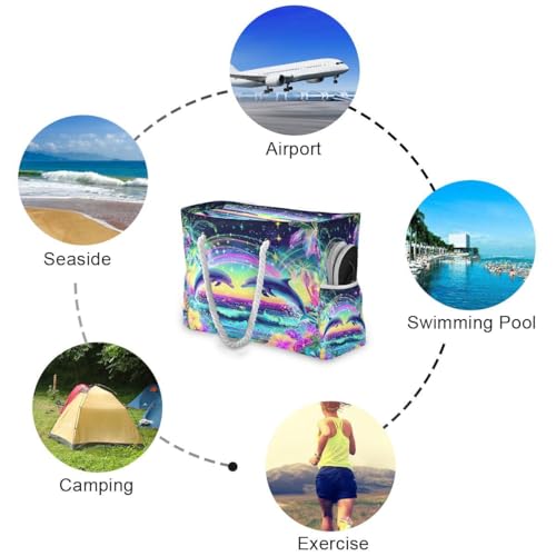 Large Beach Bags Totes Canvas Tote Shoulder Bag Glowing Neon Dolphin Water Resistant Bags for Gym Travel Daily3