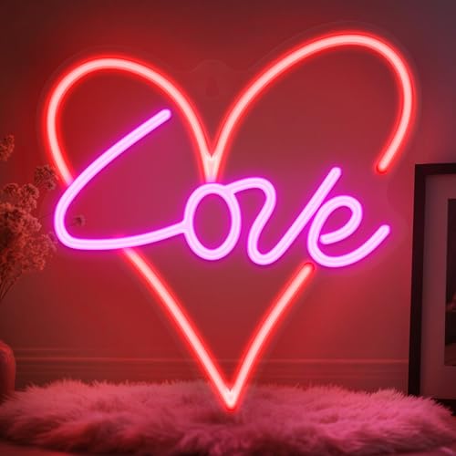 Image of Heart Neon Sign, Neon Light for Girl's Room Bedroom Party, Love Shaped Wall Decor with Dimmable LED Light, Romantic Birthday Mothers Day Wedding Anniversary Xmas Gift for Women Girlfriend Mom