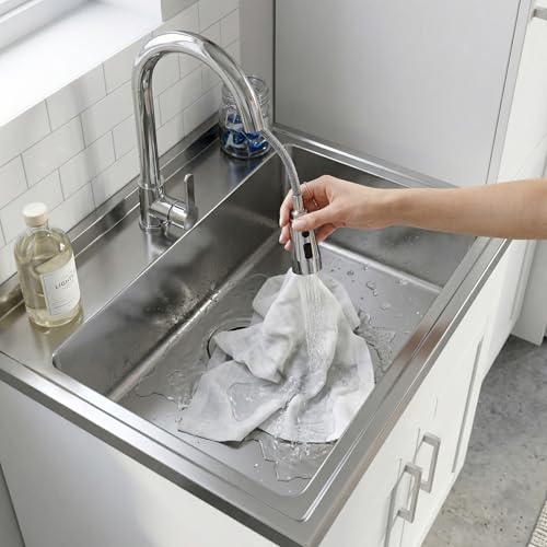 Image of SIMPLIHOME Modern Wide Shaker 28 inch Wide Stainless Steel Sink Laundry Cabinet | Transitional laundry cabinet with a high-arch chrome faucet for laundry rooms; Modern Wide Shaker utility sink or wash tub.