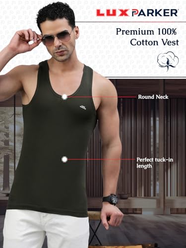 Image of LUX PARKER Men's Cotton Sleeveless Round Neck Regular Fit Vest | Baniyan for Men | Pack of 4