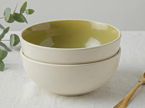 Image of Bodhi House Ceramic Deep Serving Bowl Set of 2 - 900ml | Multipurpose Microwave-Safe Bowls for Salad, Ramen, Cereal, Snacks & More - Eucalyptus White | Ideal for Dining & Gifting