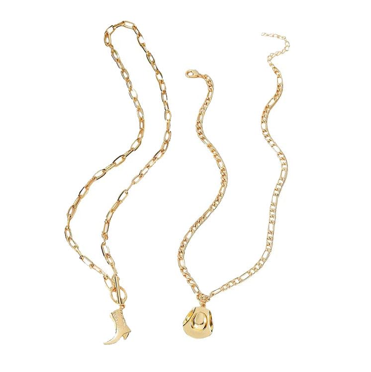 Cowboy Boots Hat Pearl Necklace Layer Western Jewelry for Women Cowgirl Charms Chain Necklace Gifts