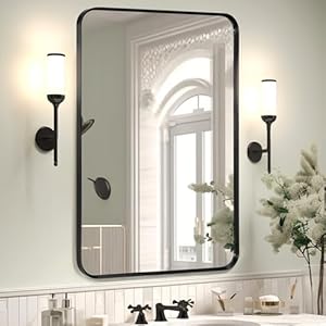 Wall Mount Mirror for Bathroom, Brushed Black Metal Framed Rounded Corner Rectangular Vanity Mirror (24″ x 36″, Black)