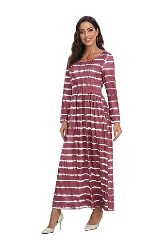 Image of Women's Long Sleeves Maxi Dress Plain Empire Waist Casual Dress Loose Fall /Winter Dresses with Pockets, Stripe Wine S