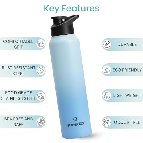 Image of Speedex Stainless Steel Water Bottle 1 Ltr, Leak Proof Sipper Cap, BIS Approved 1000 ml Metal Bottle For Daily, Office, School, Gym, Travel Use for Men, Women, Kids, Adults, Dual Blue, Set of 1