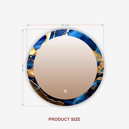 Image of NEVEX Glass Round 24x24 Inch Decorative Art Unique UV Printed Smart LED Mirror with 3 Color Lights (Warm White, Cool White & Natural White) | Fancy Wash Basin Wall Mirror for Modern Home Decor