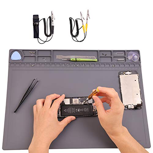 Anti Static Mat, ESD Mat with Wrist Strap and Grounding Cord, AUORY Silicone Soldering Mat Heat Resistant 932°F for Phone, Computer, Laptop Electronics Repair Assembly 15.8'' x 11.8'' Gray