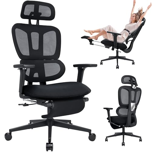 Bürostuhl Ergonomisch mit Fußstütze, Hochlehner Schreibtischstuhl mit Doppeltem Rücken, 2D-Kopflehne, Klappbare Armlehnen, Schwammsitz, Netzstuhl Chefsessel Computerstuhl für Erwachsene, Schwarz