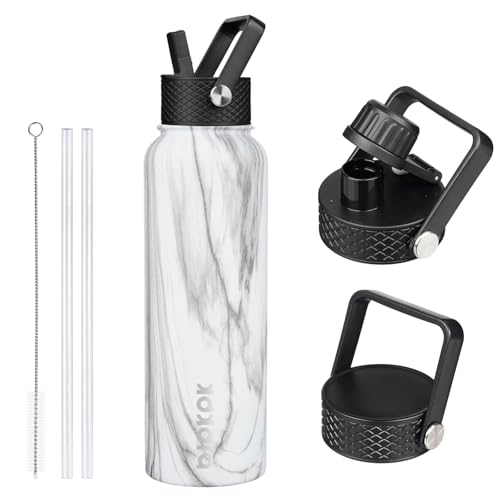 Image of BJPKPK Insulated Water Bottles with Straw Lid, 40oz Stainless Steel Water Bottles with 3 Lids, BPA Free Leakproof Thermo, Tumblers, Cups for Sports, Gym- White Birch