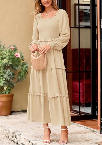 PRETTYGARDEN Fall Dresses for Women 2025 Long Sleeve Smocked Square Neck Swiss Dot Tiered Flowy Wedding Guest Maxi Dress