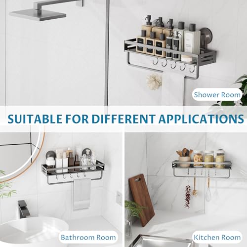 Onemake Shower Caddy Suction Cup, 1 Pack 15.7 inch Aluminum Suction Showers Organizer with Towel Bar & Hooks, Rustproof Shower Shelf for Inside Shower, NO-Drilling Bathroom Holder Storage Rack, Gray by Onemake - Image 6