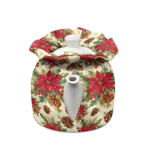 Image of Christmas Teapot Cozy for Teapot Tea Pots Cozy for Keeping Warm Portable Easy to Clean Coffee Poinsettia Pot Cozy Polyester for Hotel Thicken Kettle Dust Cover for Kitchen