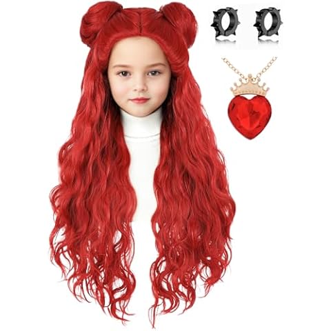AMZCOS Kids Red Costume Wig with Buns and Red Necklace Earrings Long Red Wavy Hair Wigs for Girls Halloween Cosplay (Kids) Cover