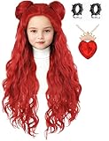 Picture of AMZCOS Kids Costume Wig with Buns and Red Necklace Earrings Long Wavy Hair Wigs for Girls Halloween Cosplay