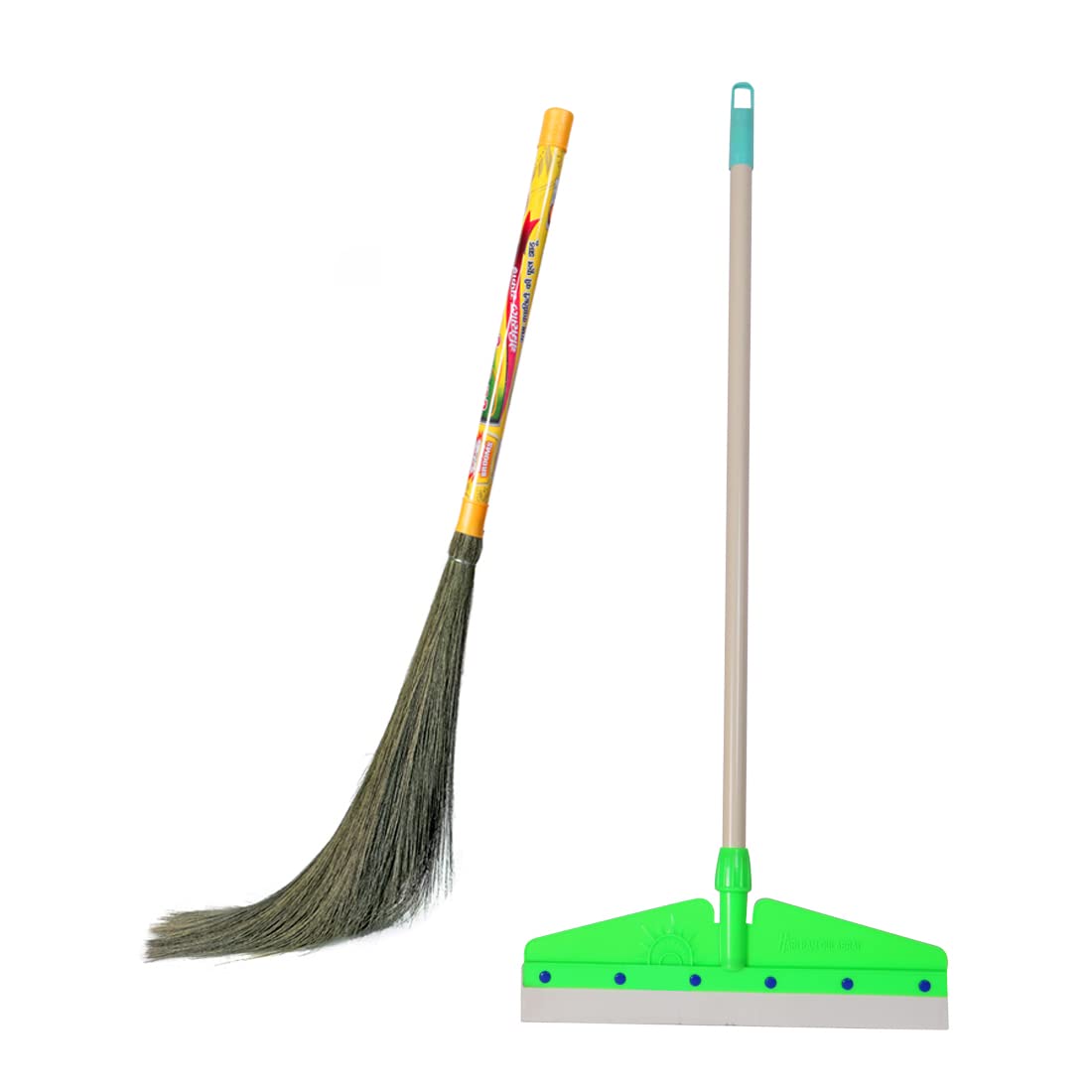 HARI RAM GULAB RAI Household Wiper Cleaning Squeegee + Phool Jhadu Combo | Plastic Floor Wiper with No Dust Grass Jhadu | Perfect for Kitchen, Balcony, Garage, Bathroom and Office (Yellow)