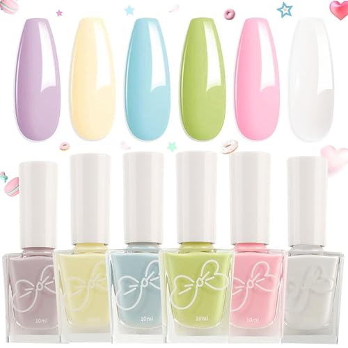 MrCuvaryas Set di 6 smalti per unghie, ad asciugatura rapida, colori pastello nude, rosa, blu, giallo, lavanda, viola, verde, set di smalto atossico a base d'acqua, gel di lunga durata, per donne nail
