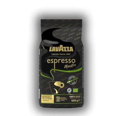 Lavazza, Espresso Maestro, Café En Grains, Avec Notes Aromatiques De Fruits Secs Et De Chocolat, 100% Biologique Et Certifié Rainforest Alliance, Intensité 9/10, Torréfaction Lente Et Douce, 1Kg