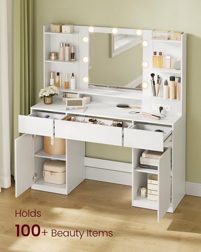 Image of VASAGLE 43.3-Inch Vanity Desk with Mirror and Lights, 3 Drawers 2 Cabinets