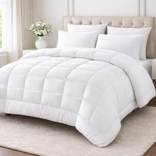 Image of Dreamzee 300 GSM Ultra-Soft Quilted Microfiber AC Comforter Queen Size (White, 90x60 Inches) | Lightweight, Reversible Duvet for Winters | All-Season Blanket for Bedroom