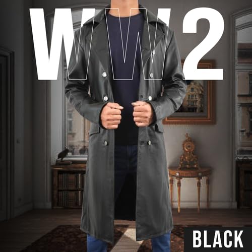 Mens Genuine Leather Trench Coat German Military Officer Uniform Long Black Leather Pea Coat WW2 Trench Coat2