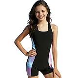 XINYUNZU Mädchen Badeanzug Einteiler mit Bein Schwimmanzug Bademode Slim Fit Swimsuits Girls Badebekleidung Ärmellos Mode Badeanzüge für Kinder Schwarz 8-9 Jahre