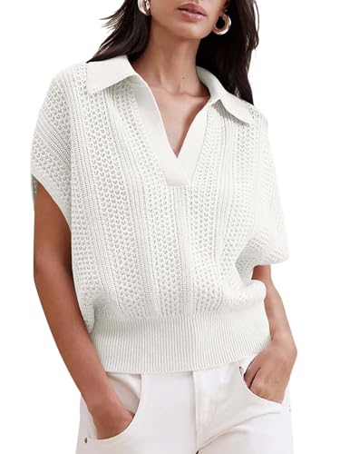 Cakulo Spring Summer Crochet Tops for Women 2025 Crop Knit Short Sleeve Polo V Neck Collared Sweater Top White M