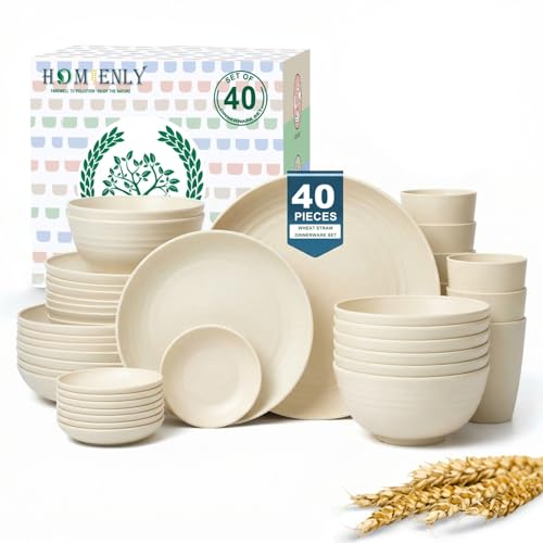 Homienly Wheat Straw Dinnerware Sets 40 PCS Plates and Bowls Sets with Cup Set and Dipping Bowls, Unbreakable Camping Dishes Microwave and Dishwasher Safe Dinnerware Set for Dinner, Outdoor (Beige)