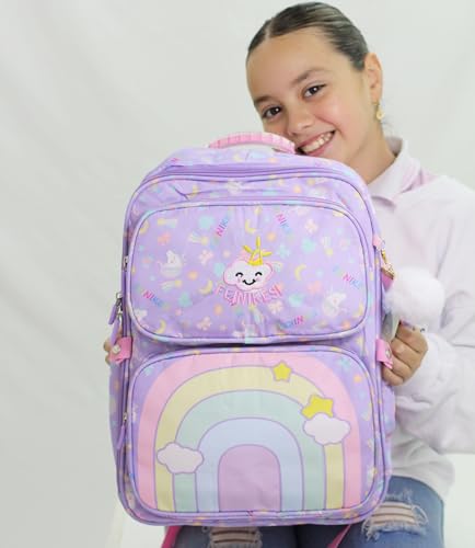 Mochila infantil escolar menino e menina reforçada e resistente ortopédica (Arco íris Lilas)