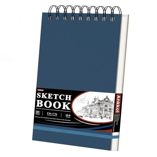 Ankkol Small Sketchbook 5x7, 100 Sheets Spiral Drawing Pad - 68lb/100gsm Mini Sketch Book Hard Covers, Lay-Flat Drawing Notebook & Portable Travel Sketchbook, Art Supplies