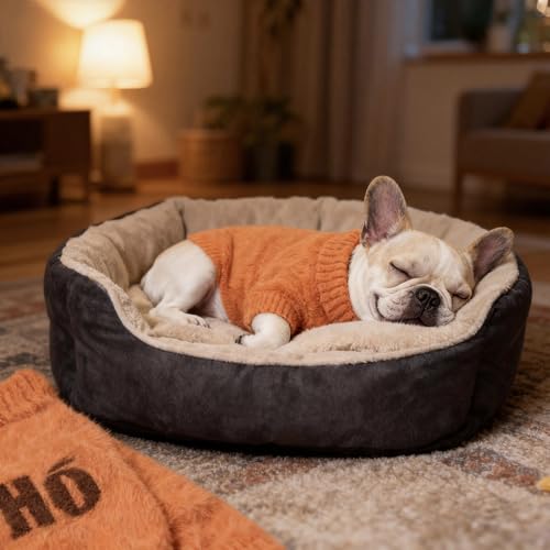 Image of Small Dog Furry Pullover Sweater, Classic Turtleneck Dog Clothes for Cold Weather Cute Warm Pet Clothes for Chihuahua, Bulldog, Dachshund, Pug Orange Large