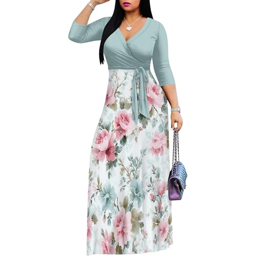 Image of PinkPatty Plus Size Maxi Dress for Women Casual V Neck 3 /4 Sleeve Boho Printed Long Dress with Pockets