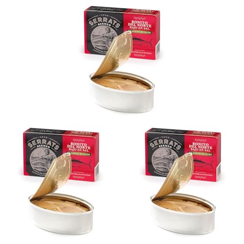 Conservas Serrats - Bonito del Norte BAJO EN SAL en Aceite de Oliva - Lata de 112g (Paquete de 3)