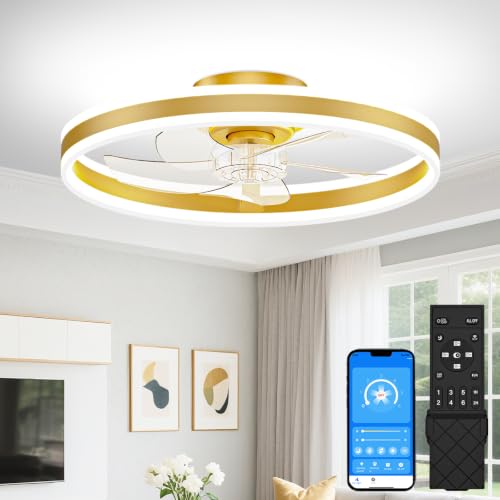 Image of VOLISUN Low Profile Ceiling Fans with Lights and Remote, 20in Flush Mount Ceiling Fans with Light, 3000K-6500K Dimmable Fandelier LED Fan Light, Gold Bladeless Ceiling Fans with Lights for Bedroom