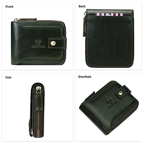 Image of MING CLAN Leather RFID Blocking Bifold Wallet For Men With Zipper, Flap ID Window Zip Coin Pocket, Big Capacity Credit Card Holder For Travel, Green, Medium, Zipper Wallet