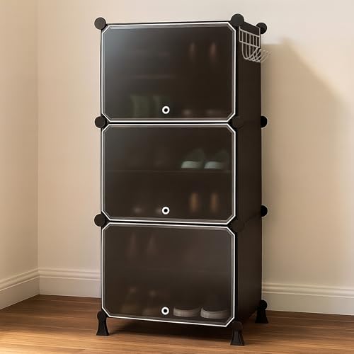 Image of Zemic π ππ‘ππ₯π Plastic Shoe Rack for Home with π ππ¨π¨π« | Foldable Modular Storage Rack | Dustproof Waterproof Shoe Organizer | Space Saving Footwear Stand for Home, Bedroom, EntrywayγBlackγ