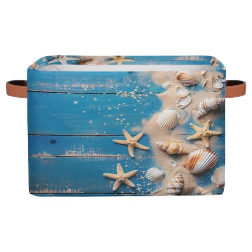 Blue Wooden Board Storage Baskets for Organizing, Fabric Collapsible Storage Bins Box Seashells Decorative Toy Organizer Baskets for Closet Shelves Gift Basket 1 Pc