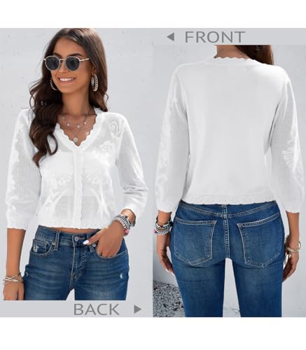 Image of Women Crop Cardigan Sweaters Lightweight 3 /4 Sleeve Button Up Crochet Shrug | Textured Bolero For Dresses Dressy Casual, V Neck, Ladies Eyelet Shawl Thin Trendy
