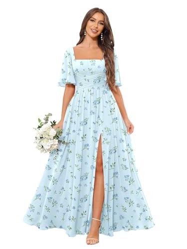 JKMMYO Women's Blue Floral Bridesmaid Dresses Square Neck with Slit Long Pleated Chiffon Formal Gown with Sleeves for Wedding Guest Size 12