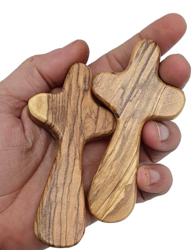 Zuluf 2 Medium Hand Crosses Olive Wood Christian Gifts with Certificates with Two Holy Land Certificates - Caring/Holding Healing Holy Land Crosses - 9.5cm / 3.7 Inches Each Cross - CRS107Z