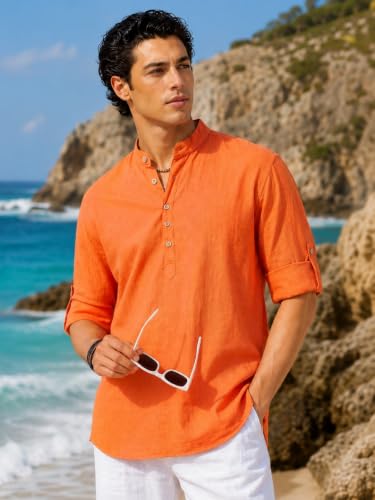 Image of Majestic Man Men's Pure Cotton Solid Mandarin Collar Slim Fit Roll-Up Sleeves Short Kurta Lightweight Summer Kurta for Daily & Occasion Use