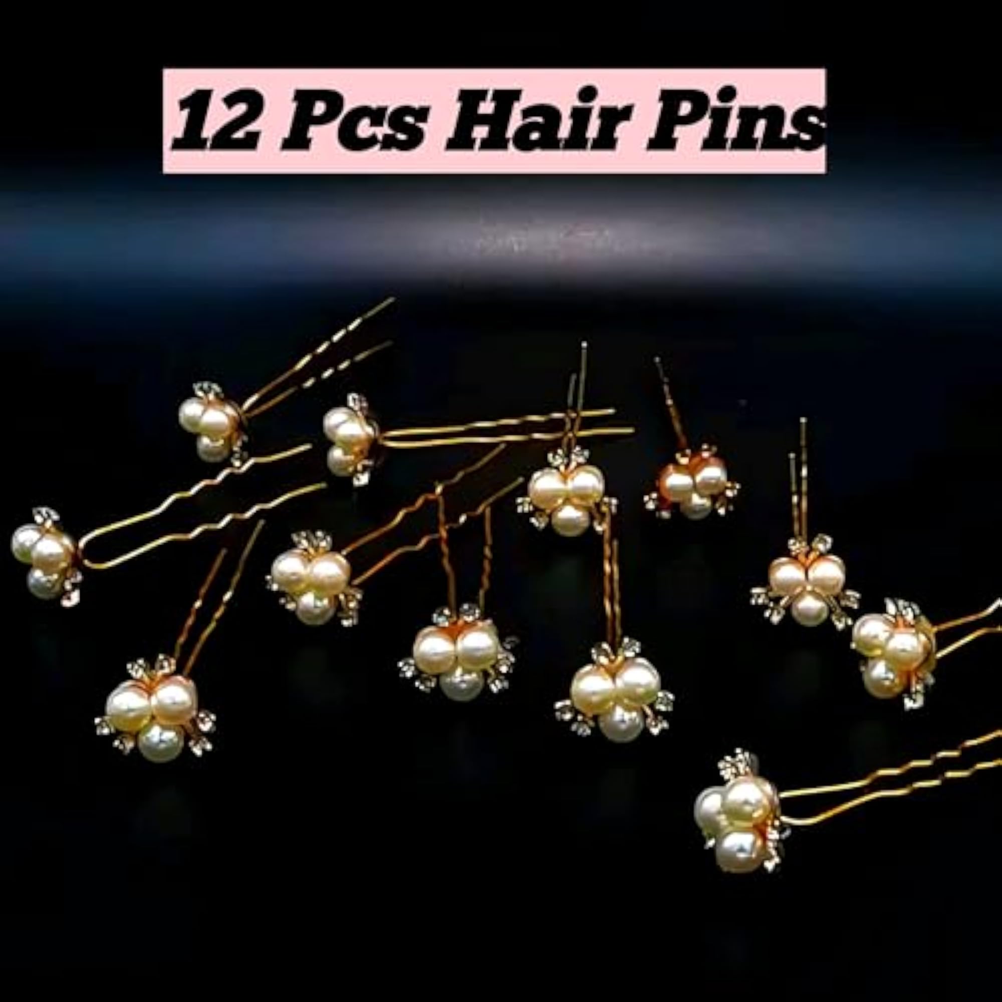 12-Piece Pearl Hair Pins Set, Gold Plated Rhinestone Design