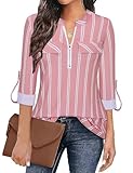 Gemulate Blouses for Women UK Shirts for Women UK 3 Quarter Sleeve Long Top with Zip Up Polo Top Party Dresses Pink Stripe L