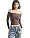 SUUKSESS Women Off The Shoulder Double Lined Long Sleeve Shirts Fitted Y2k Basic Going Out Tops (Mocha, S)