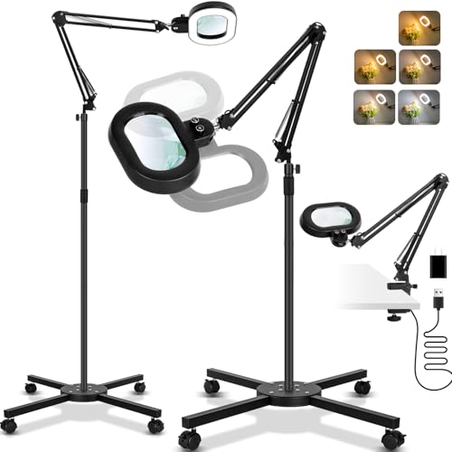 KMDES 12X Magnifying Floor Lamp 2 in 1 Lighted Magnifier Glass with Light for Workbench Craft Sewing Repair Reading Three-axis Rotation Infinite Color Dimmable 4 wheel Stable Stand Base - Black