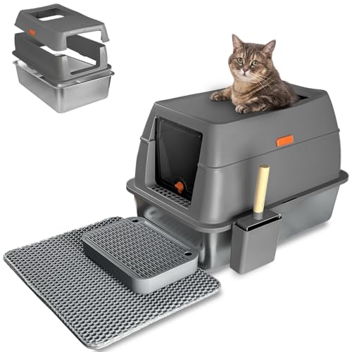 Caja de Arena para Gatos de Acero Inoxidable con Tapa, XXL, Entrada Superior, si...