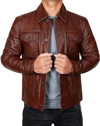 Leather Trucker Jacket Men - Real Lambskin Shirt Style Vintage Fashion Mens Leather Jacket