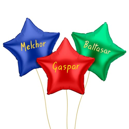 OH YEAH - Conjunto de 3 balões Foil Estrela nomes reis magos, 48 cm, decoração natalícia - celebrações familiares, escolares e escapadelas - Roscon de Reis - eventos natalícios
