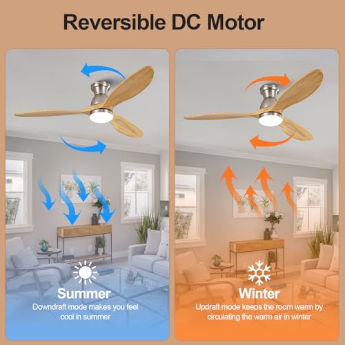 Image of Dimmable 52 Inch Flush Mount Ceiling Fans with Lights and Remote, 3 Blade Wood Bedroom Ceiling Fan with Lights Low Profile Ceiling Fan with Light Brushed Nickel Outdoor Ceiling Fans for Patios