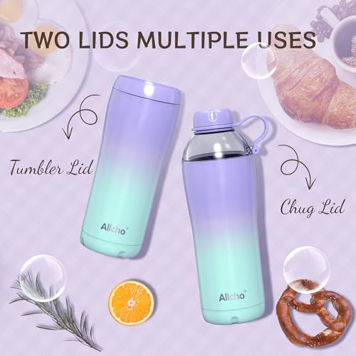 Image of Allcho Insulated Water Bottle for Women, 18oz Stainless Steel Leak Proof Tumbler with 2 Lids, BPA-Free Tritan Chug & Straw Lid, Double Wall Vacuum Flask
